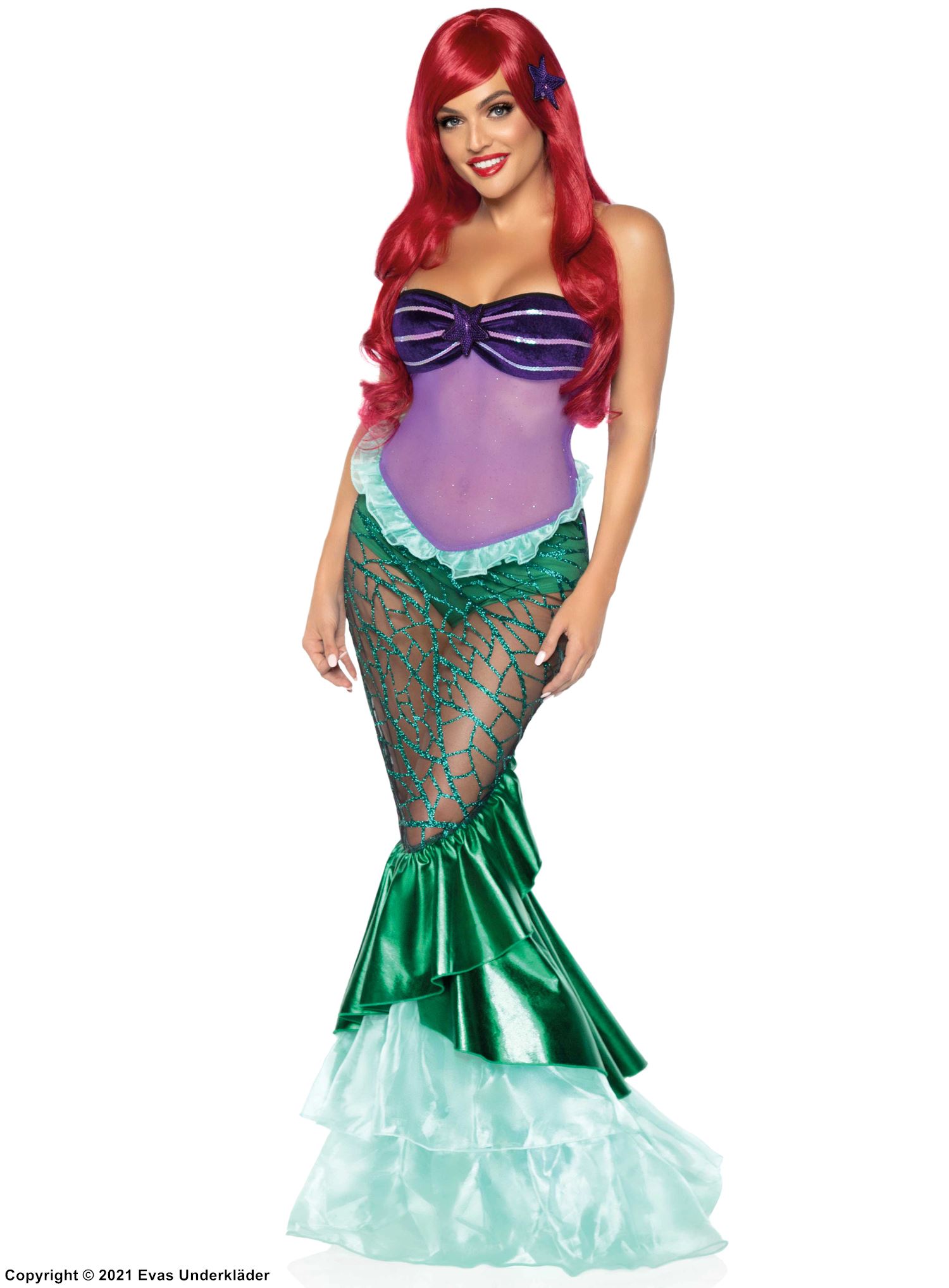 Ariel from The Little Mermaid, costume dress, sheer inlays, ruffle trim, built-in panty